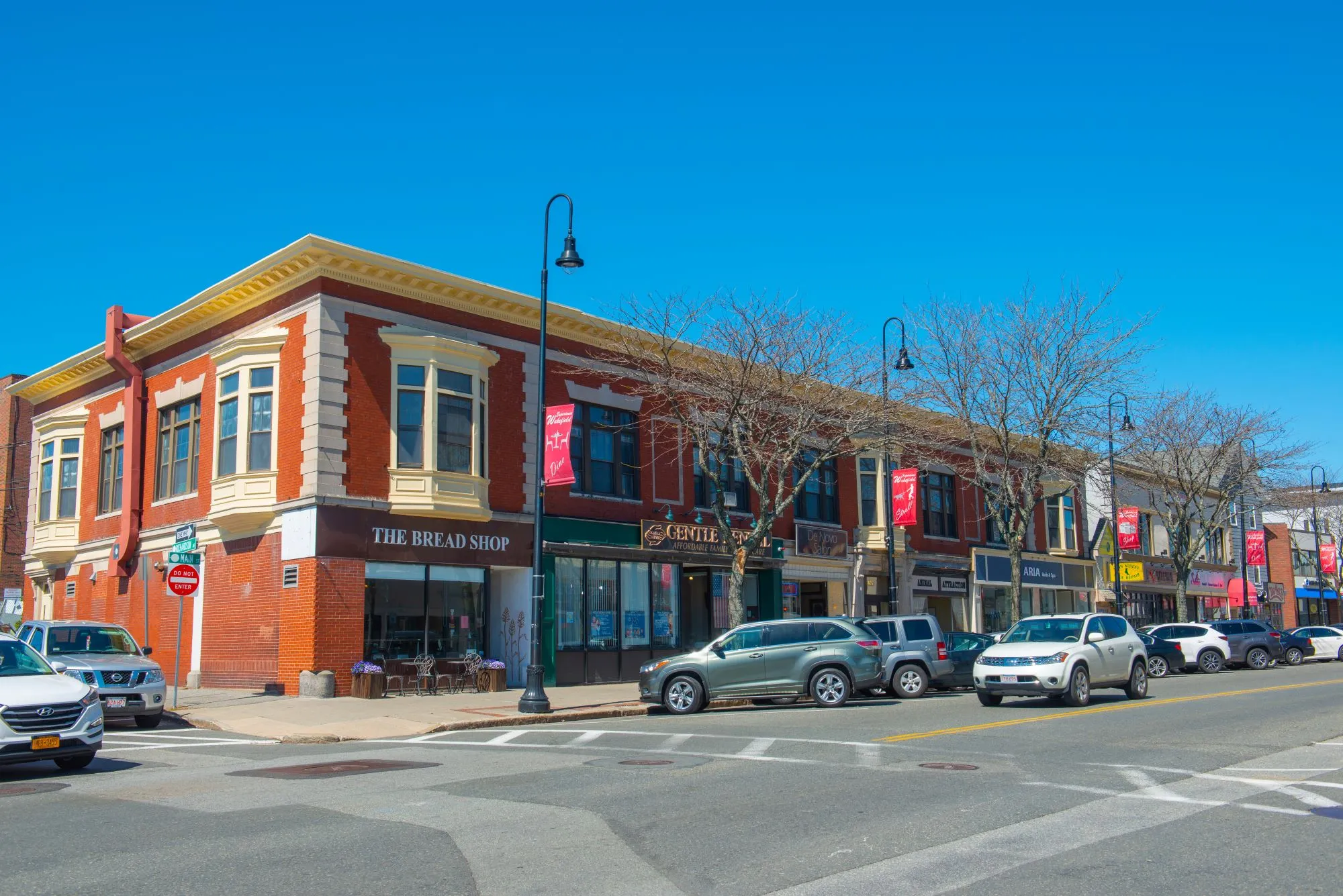 Historic commercial buildings on Main Street in historic town center of Wakefield, Middlesex County, Massachusetts MA, USA